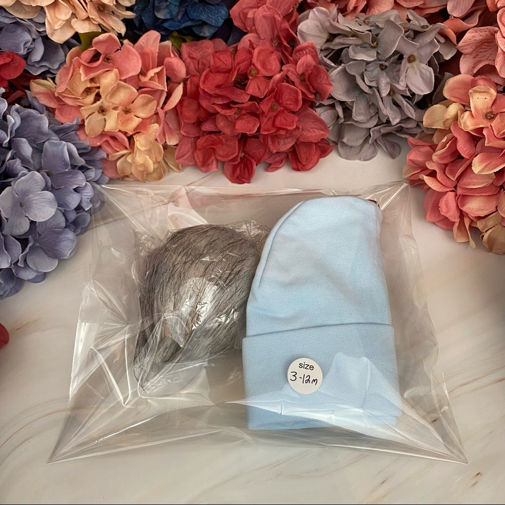 Blue Baby Beanie Hat with Gray Pom Pom and Earflaps - Picture 13 of 15